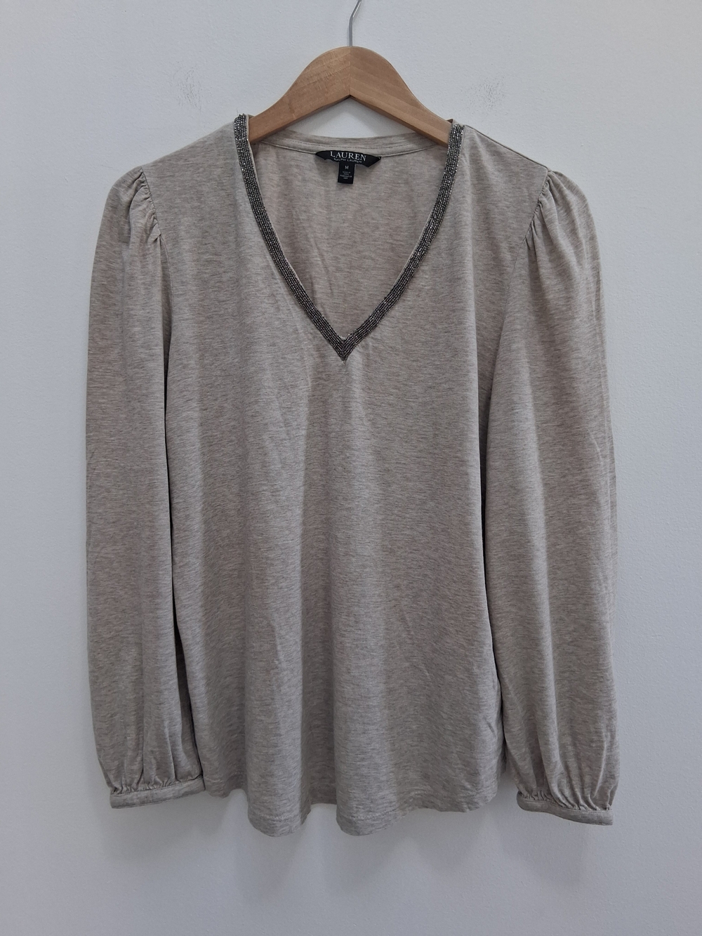 Lauren Ralph Lauren Beige Beaded V-Neck Long-Sleeve Top Medium